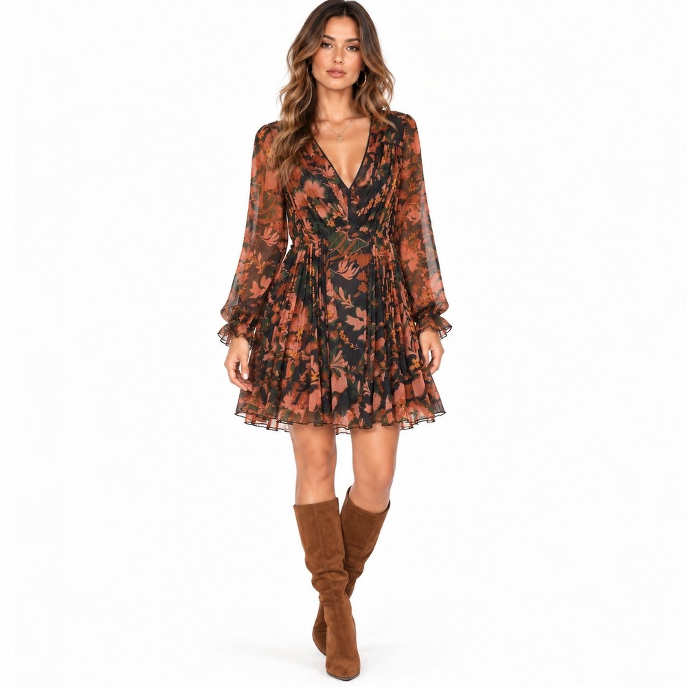 Coach 1941 Flowy Forest Pleated Dress w Tie Front‎ Sz 4 Black Gold Metallic Fall